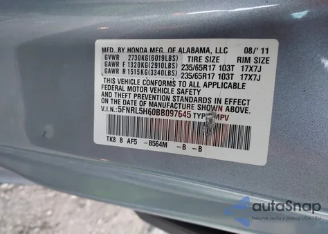 2011 Honda Odyssey Ex-L from USA, damaged, VIN 5FNRL5H60BB097645